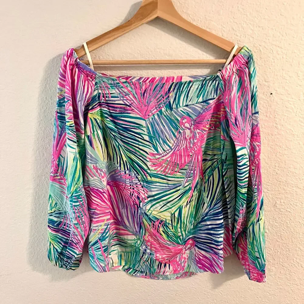 Lilly Pulitzer Adira Silk Off Shoulder Top XS Parrot Tropical Coastal Resort - Picture 2 of 10